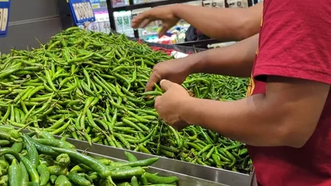 Close-up of Customer Hands Selecting Fresh Green Chili Peppers at Market Stock Footage 327769144