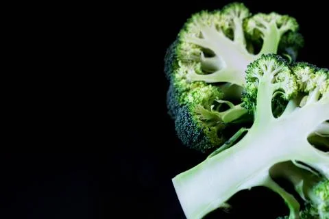 Close up of cut broccoli on the black background Stock Photos