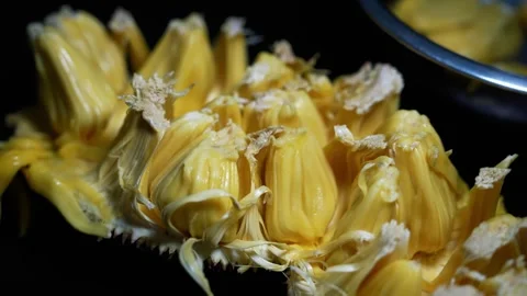Close-up of cut jackfruit pieces with yellow flesh on a dark background, sh.. Video stock 339022512
