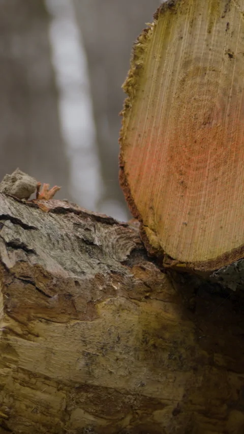 Close Up Of Cut Tree Logs In Forest Vertical Video Video stock 333016462