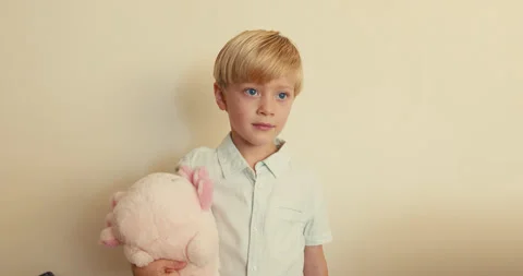 Close-up of a cute blond boy holding his favorite soft toy and standing Stock-Footage 346982837