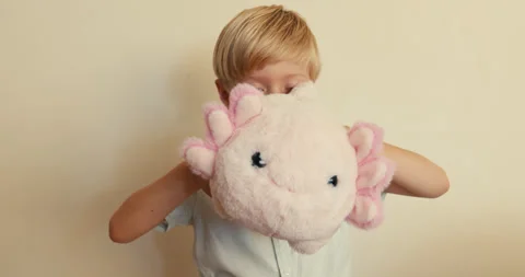 Close-up of a cute blond boy playfully hiding his face behind a soft toy 動画素材 346982835