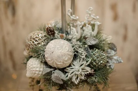 Close-up of cute composition decorated with shiny white christmas balls and toys 스톡 사진