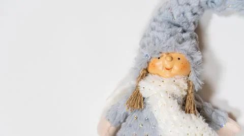 Close up of cute doll on white background. Portrait of attractive puppet with Stock Photos