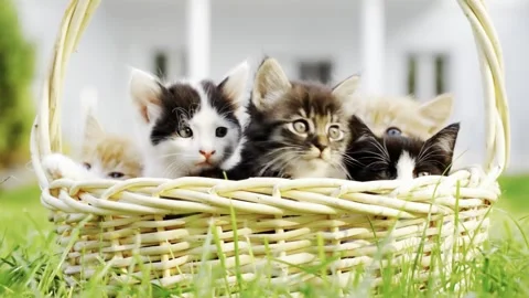 Close-up of Cute Kittens in a Wicker Basket on Grass Stock Footage 339645563