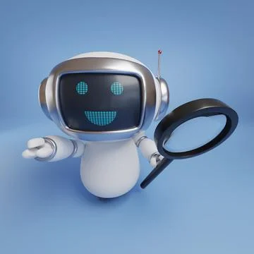 Close-up of a cute robot with a magnifying glass in its hand. Stock Illustration