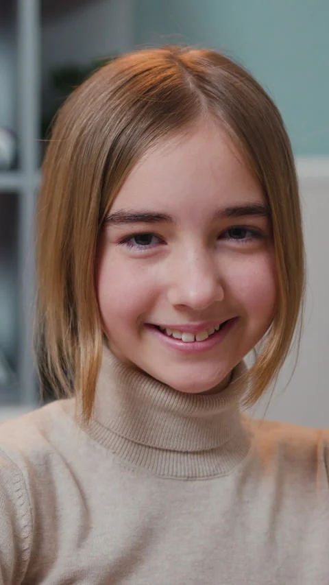 Close up of cute smart caucasian smiling girl loking at camera, indoors. Beautif Stock Footage 330190981