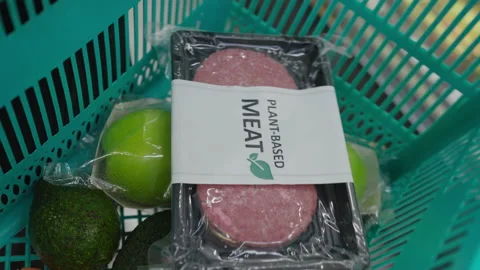 Close-up cutlet patty beyond meat zero, non-meat product in market. Stock Footage 168371870
