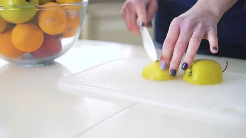 Close up of the cutting apple in 4K Video stock 72632442