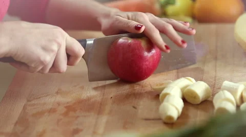 Close-up of cutting apple with knife Stock Footage 59540686