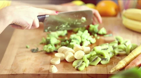 Close-up of cutting broccoli with knife Stock Footage 59540812