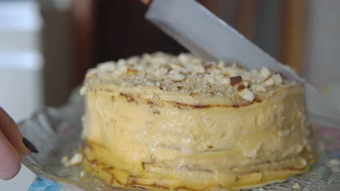 Close-up of cutting a cake with a large knife Stock Footage 88653146