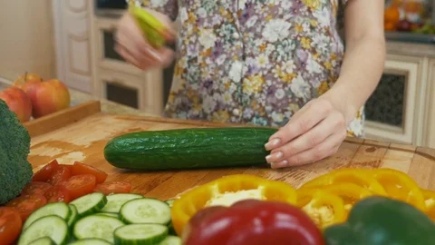 Close Up cutting cucumber Stock Footage 78489434