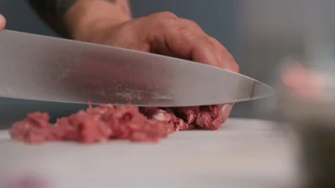 Close up cutting fresh meat raw lunch condiment preparation beef board cooking Stock Footage 103289644