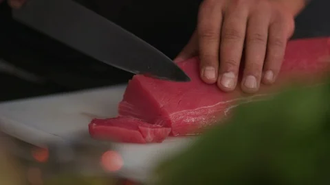 Close up cutting fresh meat raw lunch condiment preparation beef board cooking Stock Footage 103291532