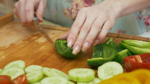 Close Up Cutting Green Bell Pepper Stock Footage 78489986