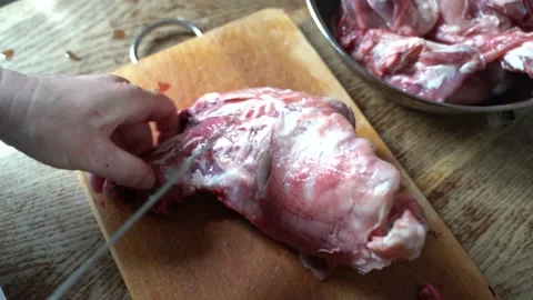 Close up of cutting rabbit carcass at home 4k Stock Footage 131037364