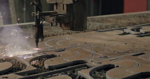Close-Up Of Cutting A Thick Steel Structure Plasma Cutting In A Production Hall Stock Footage 303723133