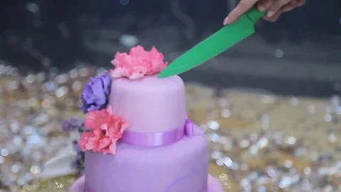 Close up cutting wedding cake Stock Footage 75983387