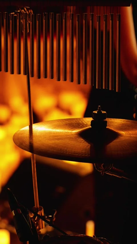 Close-up of a cymbal and chimes bar on a drum set Stock Footage 286886833