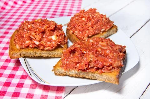 Close-up of Czech toasted breads with raw beef steak tartare. Stock Photos