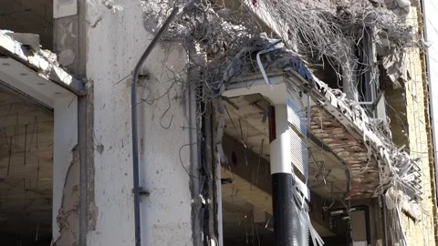 Close-Up of Damaged Concrete Structure and Exposed Rebar | Building Demolit.. Stock Footage 345277819