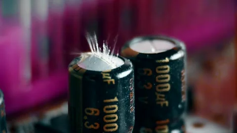 Close-up of a damaged, exploded electrolytic capacitor on a circuit board. Video stock 320711696