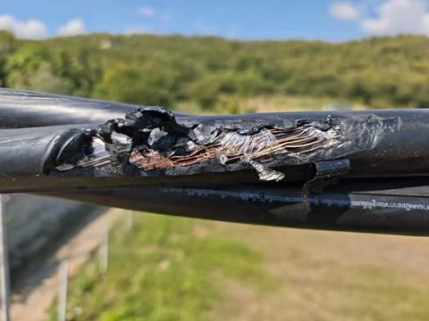 Close up of damaged twisted aerial bundle cable with melted insulation . Stock Photos