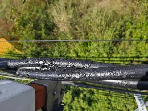 Close up of damaged twisted aerial bundle cable with melted black insulation. Stock Photos