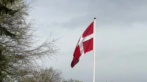 Close-up of a Danish flag blowing in the wind, red and white denmark flag is blo Stock Footage 312637109