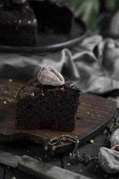 Close up dark chocolate cake slice Stock Photos