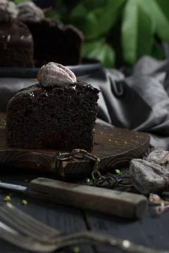 Close up dark chocolate cake slice Stock Photos