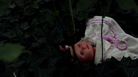 Close up dark scene of scary child doll in deep woods growth by ivy everywhere. Stock Footage 248925005