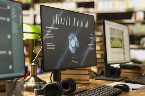 Close up of data analytics presentation with charts and percentage graphics Stock Photos