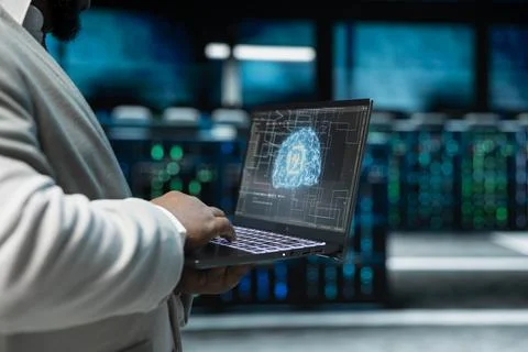 Close up of data center admin doing predictive maintenance using AI tech Stock Photos