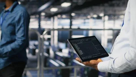 Close up of data center admin using tablet to reviewing machine learning code Foto stock