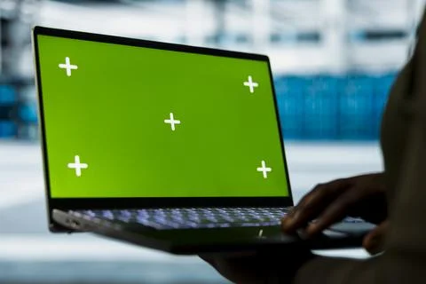 Close up of data center developer using isolated screen laptop Stock Photos