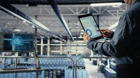 Close up of data center employee checking infrastructure diagnostics on tablet Stock-Fotos