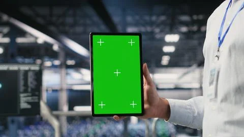 Close up of data center employee doing tasks on isolated screen tablet Stock Photos