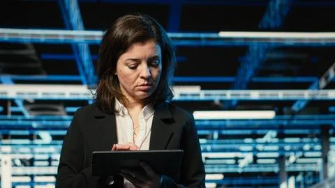 Close up of data center engineer optimizing server load balancing using tablet Stock Photos