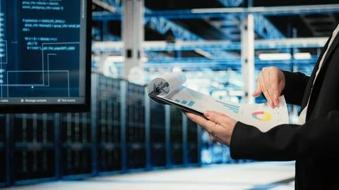 Close up of data center engineer reading clipboard files charts Stock Photos
