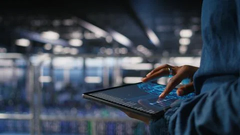 Close up of data center engineer using tablet, doing maintenance on AI rigs 스톡 사진