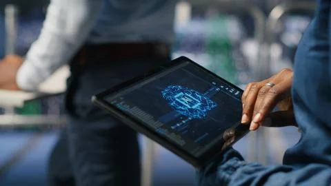 Close up of data center engineer using tablet, doing maintenance on AI rigs Stock Photos