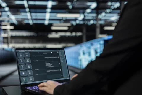 Close up of data center engineer using AI assistant on laptop Foto stock