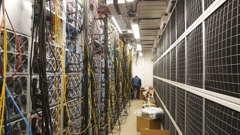 Close-up of data center of the large company with lots of fans, system units and Stock Footage 122089647