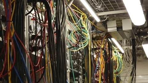 Close-up of data center of the large company with lots of fans, system units and Stock Footage 122089662