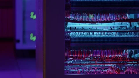 Close up of Data center, networks, server rooms in neon light, rows of operation Stock Footage 252216388