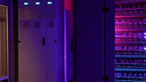 Close up of Data center, networks, server rooms in neon light, rows of operation Stock Footage 252216420