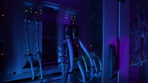 Close up of Data center, networks, server rooms in neon light, rows of operation Stock Footage 252216421