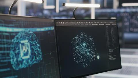 Close up of data center PCs showing deep learning visualization Foto stock